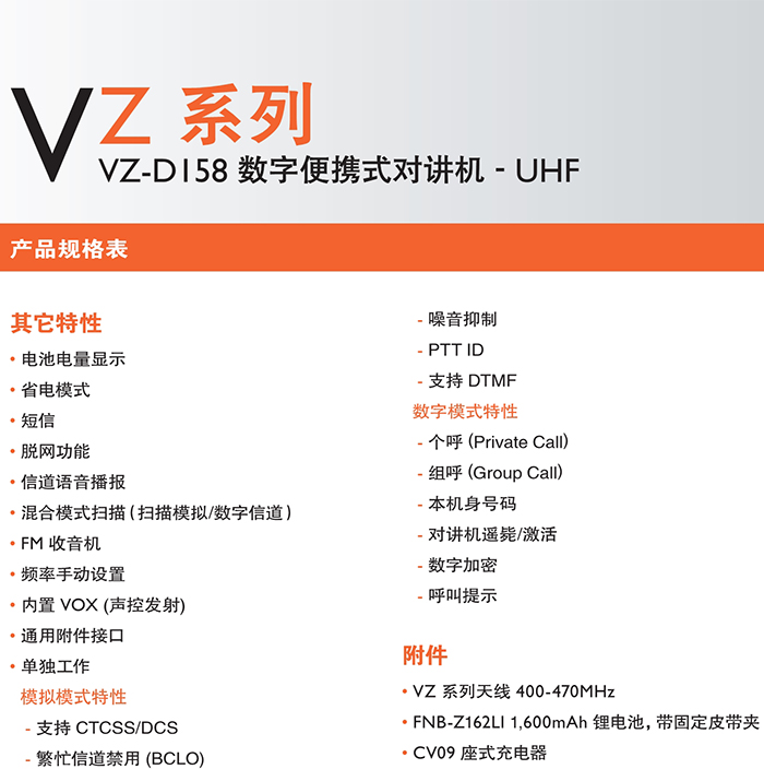 威泰克斯VZ-D158商用數(shù)字對講機特性