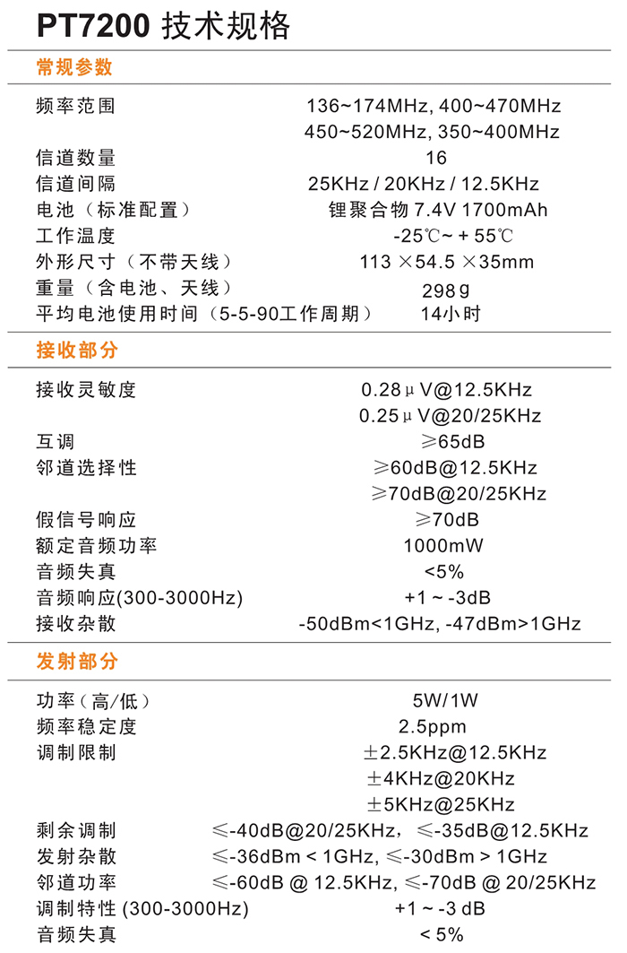 科立訊PT7200對(duì)講機(jī)技術(shù)規(guī)格